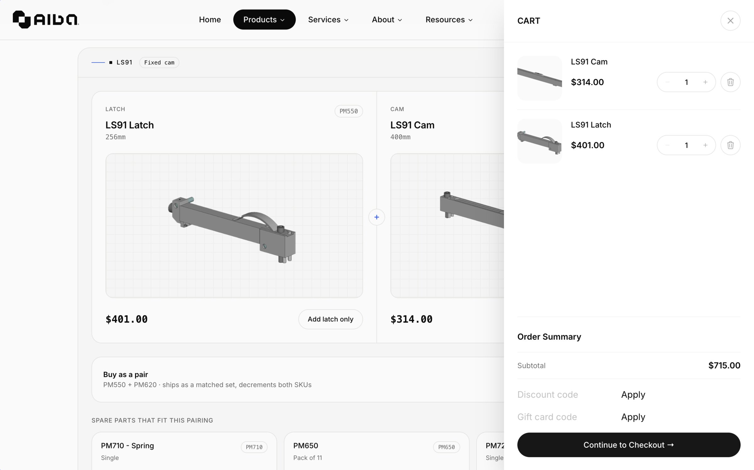 The LS91 latch and cam product page with the cart open — two items, an order summary, and Continue to Checkout