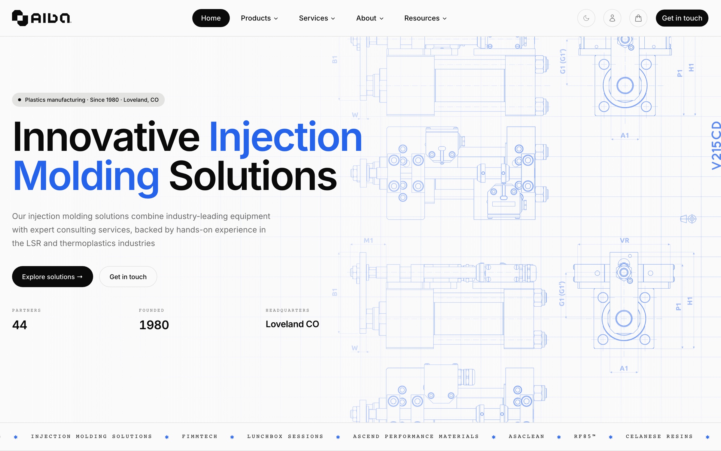 The albaent.com homepage — Innovative Injection Molding Solutions over blueprint drawings