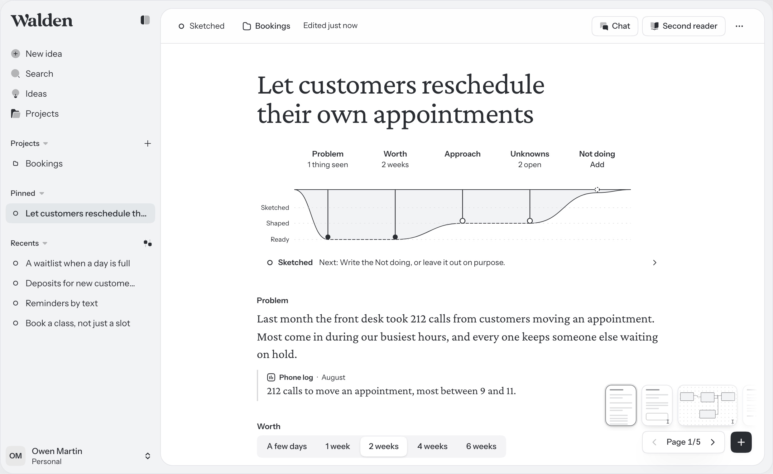 A sample idea open in Walden — Let customers reschedule their own appointments — with the depth strip under the title: Problem and Worth sounded to Ready, Approach and Unknowns to Shaped, and Not doing still to add